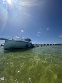 A boat anchored in shallow waters with people swimming nearby, capturing the essence of a fun day on the water.