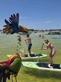 Two individuals paddleboard in shallow waters, enjoying a sunny day filled with water activities — a perfect summer adventure.