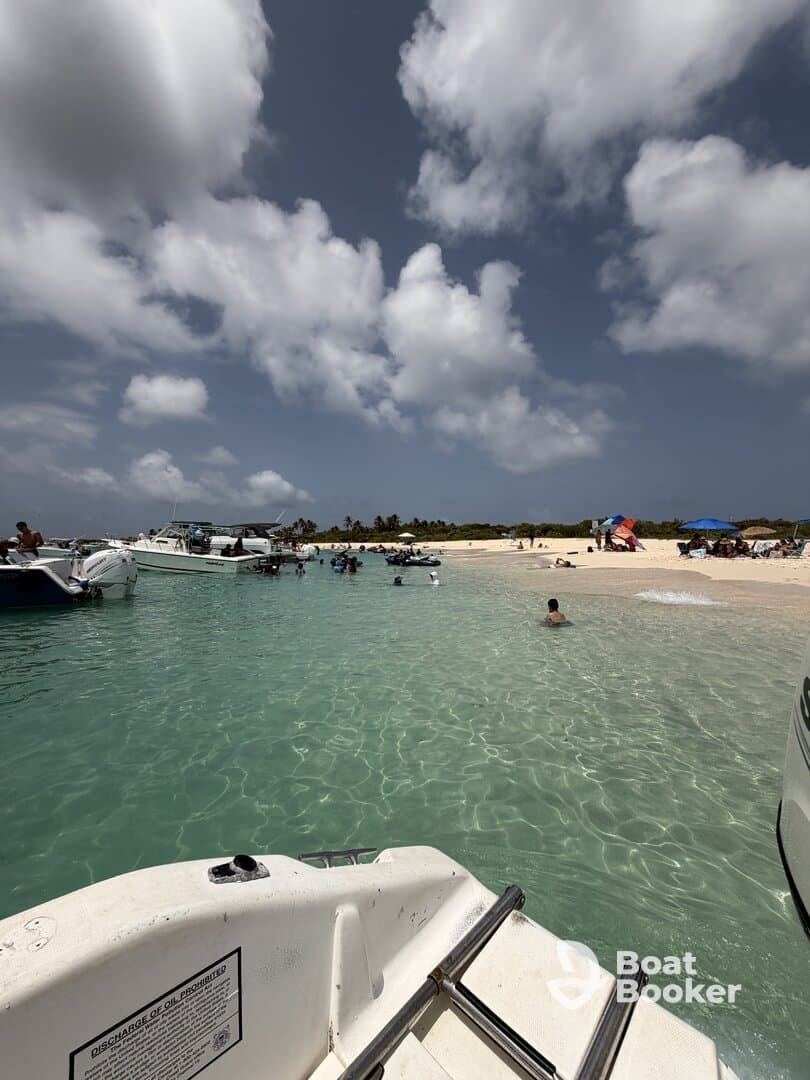 A vibrant scene at a sandbar with people enjoying the clear waters and beach, surrounded by various boats — perfect for a fun day on the water.