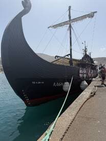 A striking view of the Viking ship 'RAGNAR' docked, showcasing its impressive bow and unique design, perfect for themed tours or historical experiences.