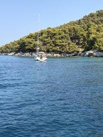 A picturesque sailboat navigates through clear waters, surrounded by lush greenery — an ideal scene for sailing enthusiasts and nature lovers.