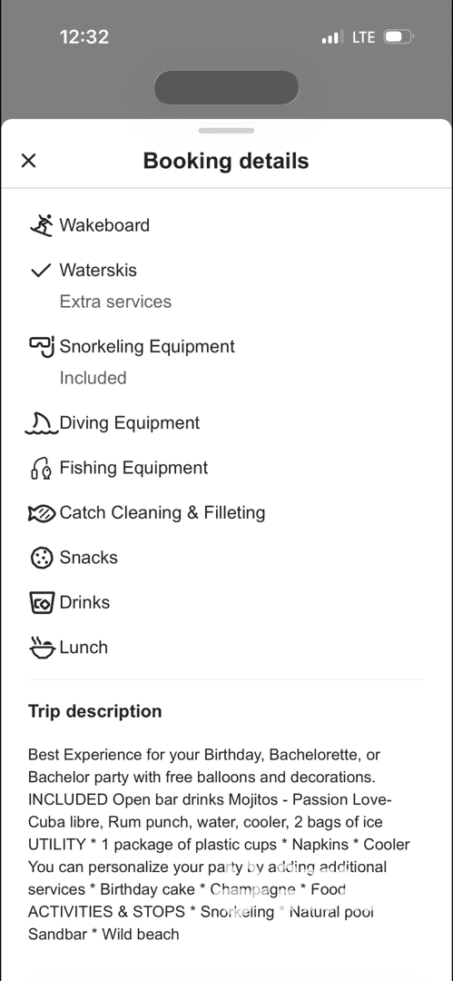 Detailed booking information for a fun-filled party experience, featuring snorkeling and fishing equipment, along with snacks and drinks included for a perfect day on the water.