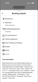 Detailed booking information for a fun-filled party experience, featuring snorkeling and fishing equipment, along with snacks and drinks included for a perfect day on the water.