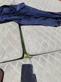 A close-up view of lounge cushions on a boat, featuring a blue towel laid out, perfect for relaxing in the sun.