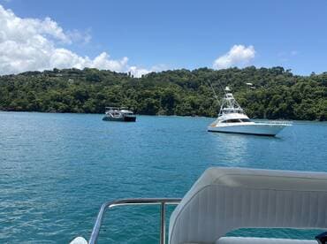 A stunning view of two boats anchored in tranquil waters, surrounded by lush greenery — perfect for a day of relaxation on the water.