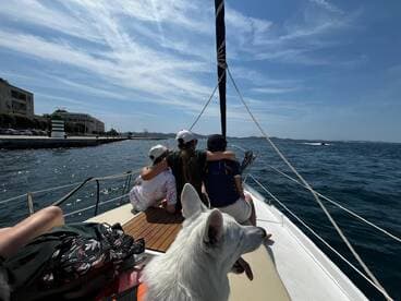 A group enjoys a sailing trip with a dog on board, capturing a moment of togetherness and adventure on the water.