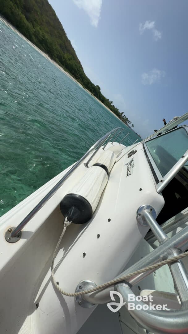 A close-up view of a boat's exterior showcasing its sleek design and features, set against a backdrop of clear turquoise waters and lush greenery.