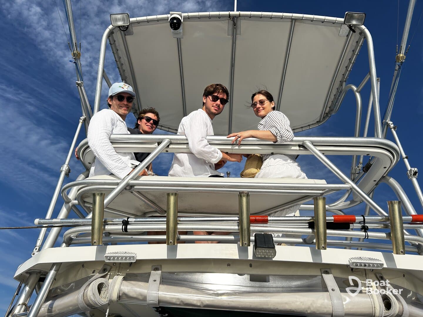 A cheerful group of friends enjoys their time on a boat, capturing the essence of fun and camaraderie on the water.