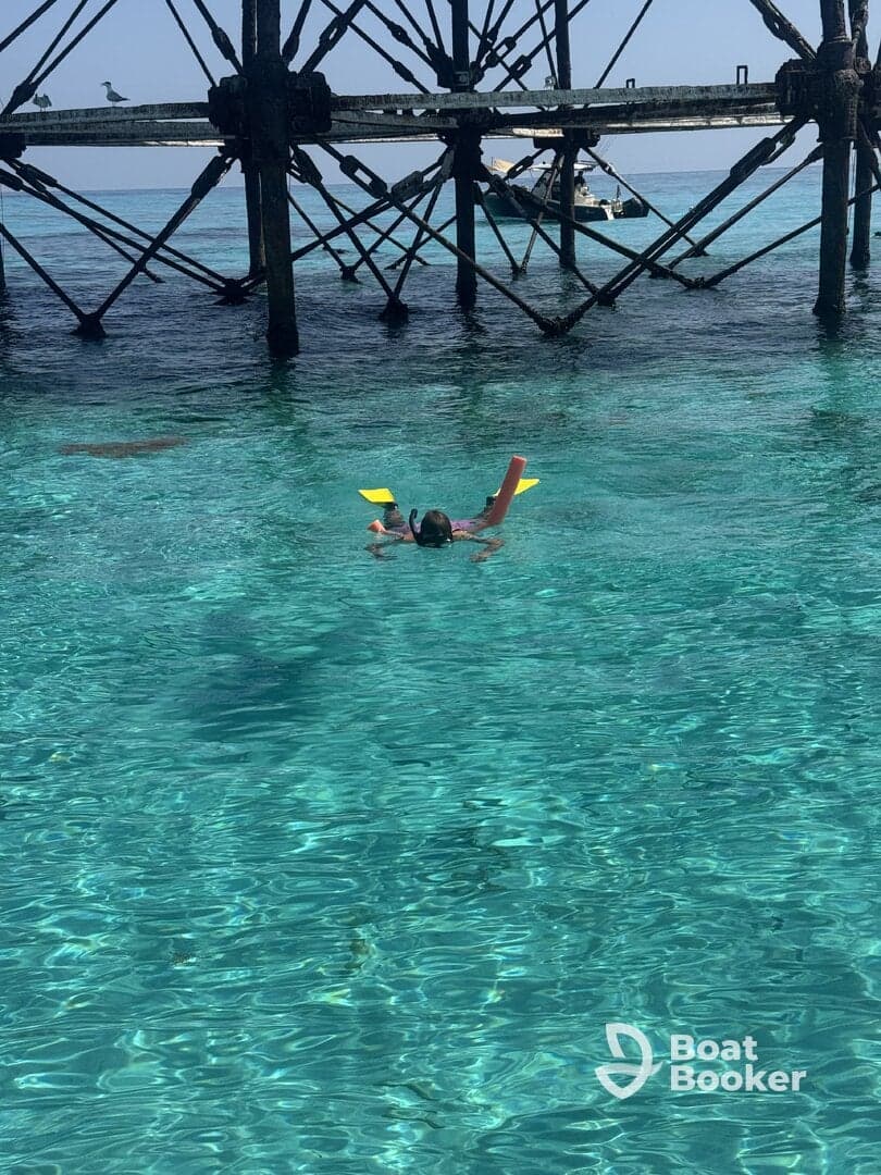 A child enjoys snorkeling in crystal-clear waters beneath a pier, showcasing the vibrant marine life and perfect conditions for underwater exploration.