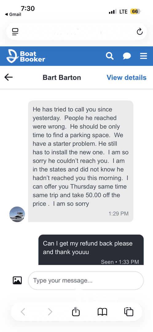 A screenshot of a conversation regarding a boat booking issue, including a request for a refund.