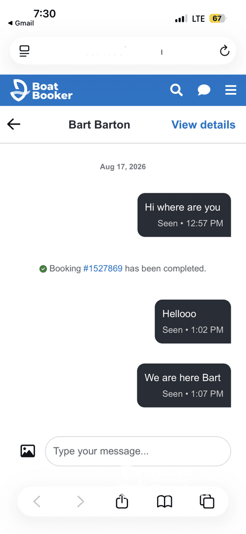 Screenshot of a messaging conversation regarding a completed boat booking, lacking visual clarity.