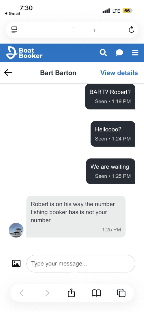 A screenshot of a messaging conversation regarding a fishing booking, indicating a communication issue with the contact number.