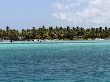 A stunning view of a tropical island with lush palm trees and turquoise waters, showcasing a lively scene with boats and people enjoying the beautiful coastline.