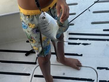 A child proudly holds up a freshly caught fish while standing on a boat, showcasing the excitement of a fishing adventure on the water.