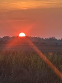 A stunning sunset casts a warm glow over the horizon, creating a picturesque scene perfect for evening boat trips or relaxing moments on the water.