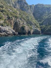 A stunning view of a rocky coastline with lush greenery, captured while cruising on the water, showcasing the beauty of nature and the thrill of boating adventures.