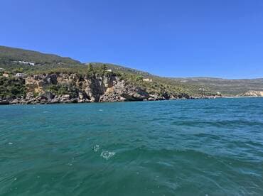 A stunning view of a rugged coastline with lush greenery and clear turquoise waters, perfect for showcasing the beauty of nature during a boating adventure.