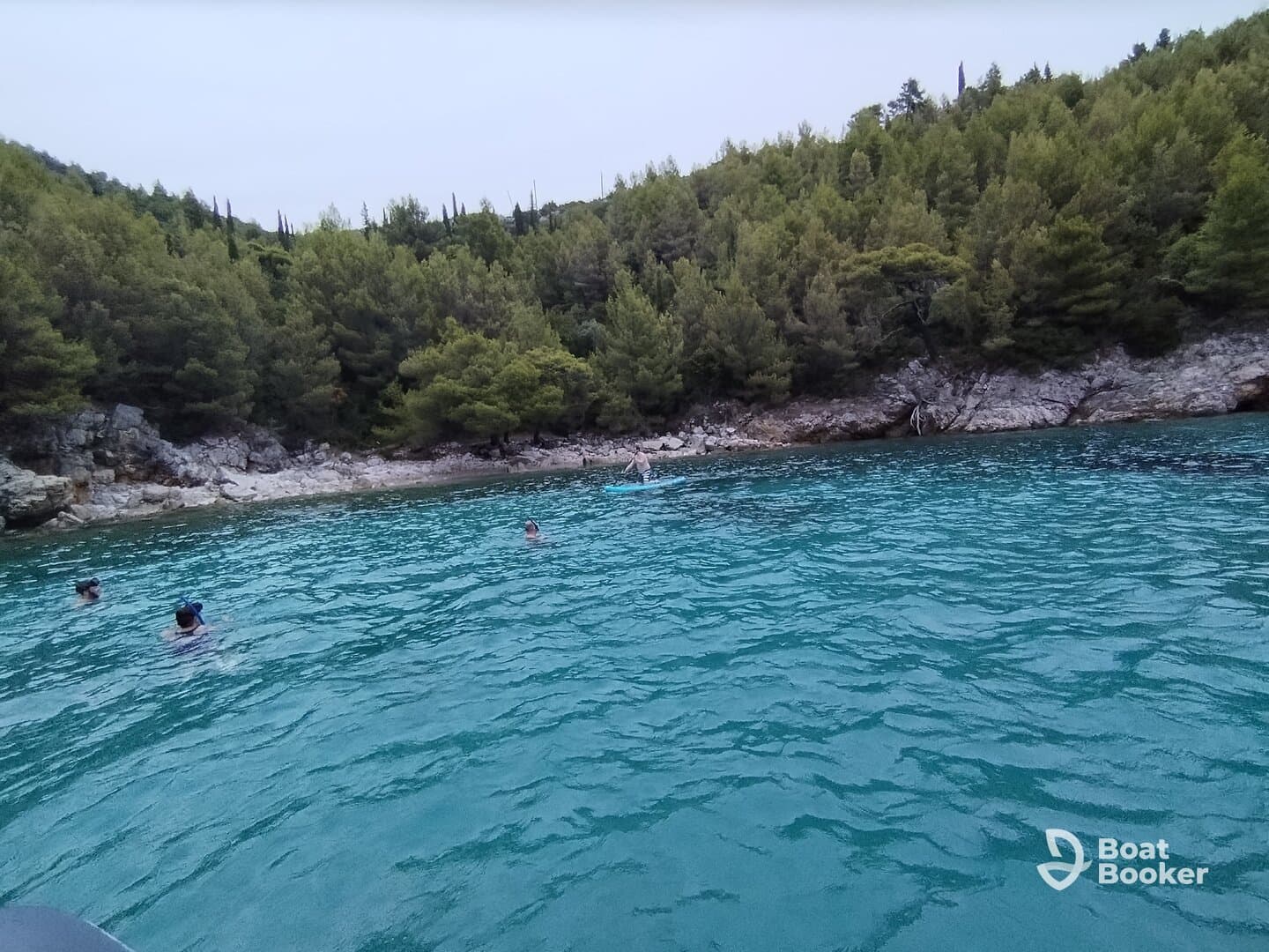 A group enjoys a refreshing swim in the crystal-clear waters surrounded by lush greenery, perfect for a day of adventure and relaxation.
