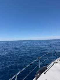 A serene view from the deck of a boat, showcasing the vast blue ocean and clear skies — perfect for a peaceful day on the water.