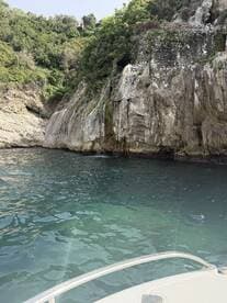 A picturesque view of a rocky coastline from a boat, showcasing the lush greenery and clear waters — ideal for exploring hidden coves and enjoying nature.