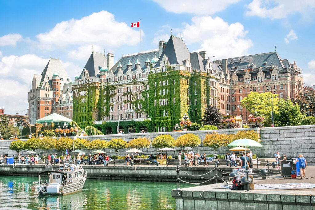 A view of Goverment Street and the Fairmont Empress Hotel in Victoria, which is one of Canada's best boating cities, on a sunny day.