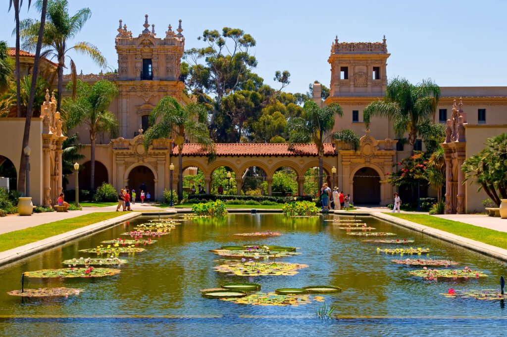 An image of a rectangular lake in Balboa Park in San Diego