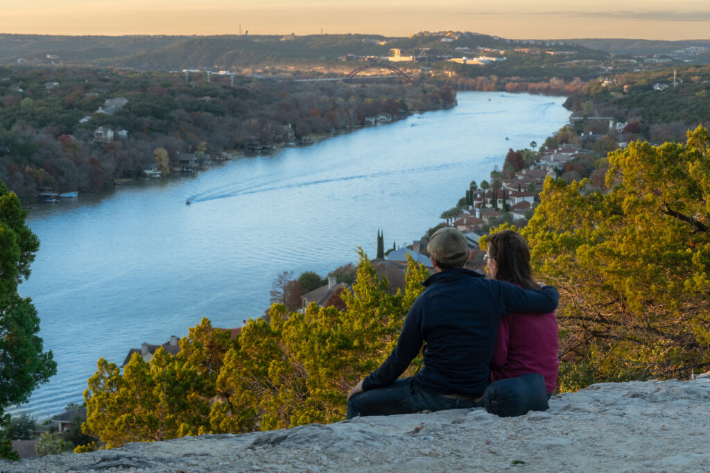 Catching Sunset In Austin Texas At Mount Bonnell Overlooking The River below