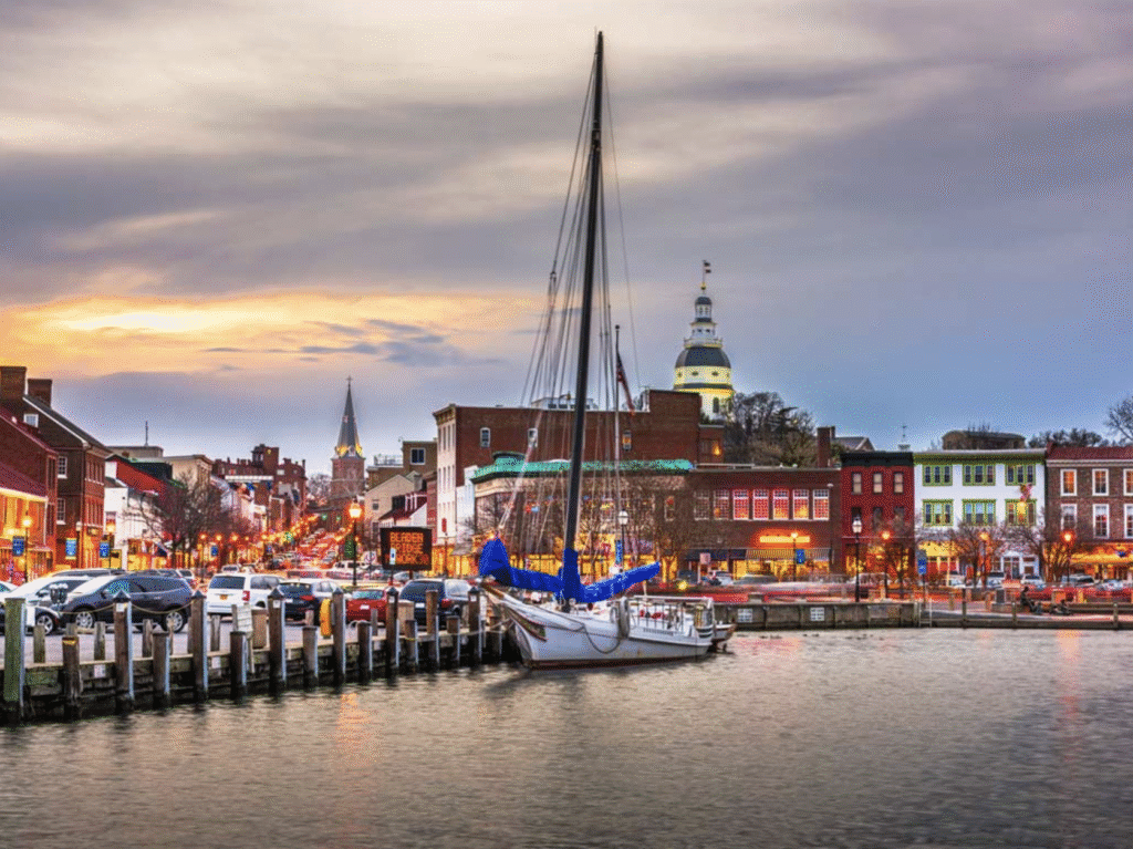 A view of the city dock in Annapolis, Maryland with a boat in the water and colorful buildings in the background.