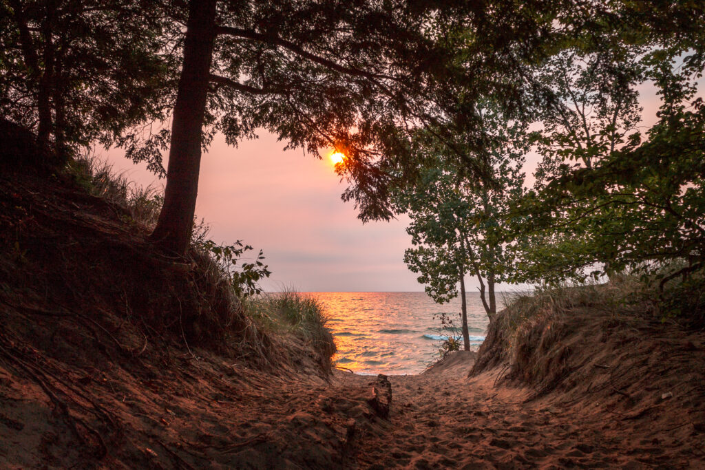 A sandy path winds through trees to a lake at sunset, ideal for Memorial Day boating. The sun's reflecting on the water and an orange-pink sky. No visible BASS or TROUT in this serene scene.
