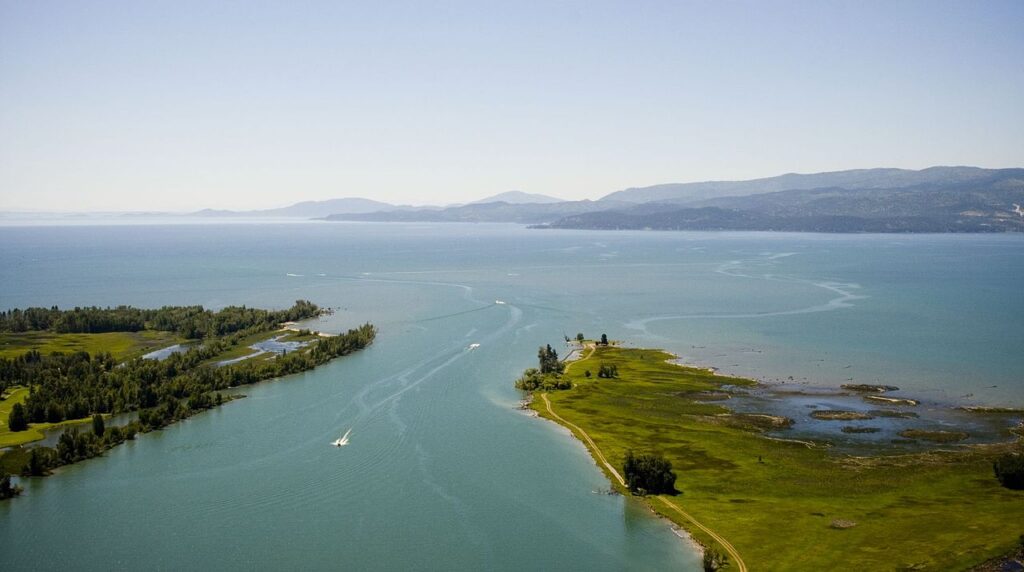 You’re looking at an aerial view of a river flowing into one of the top boating lakes, with green land on each side and distant mountains beneath a clear sky. No fish like Bass or Trout are visible.
